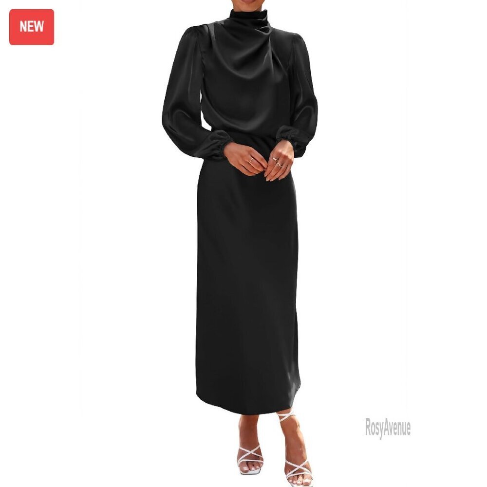 Mock Neck Satin Formal Maxi Dress Long Sleeve Elegant Evening Gown